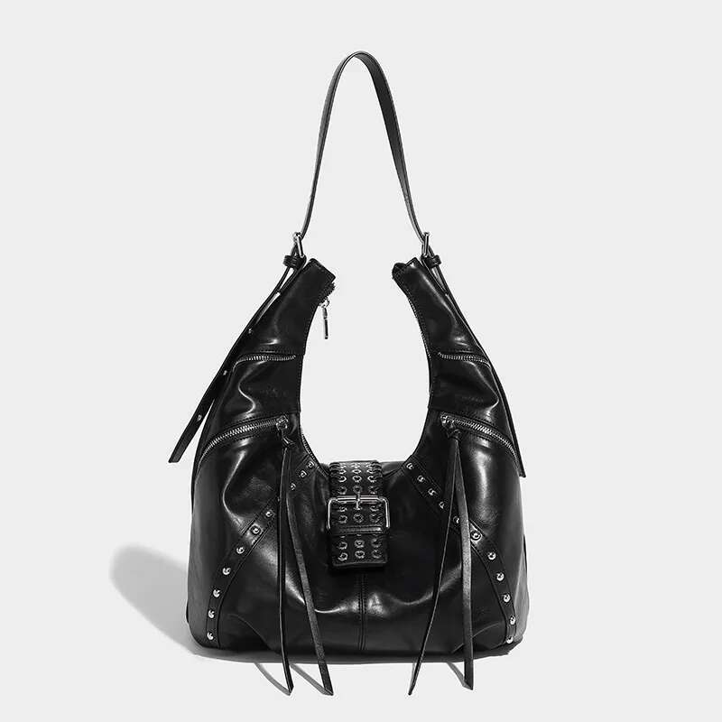 Y2k Rivet Pleated Half Moon Shoulder For Women Cool Style Rock Girls Casual Large Capacity Underarm Bag Handbags And Purses