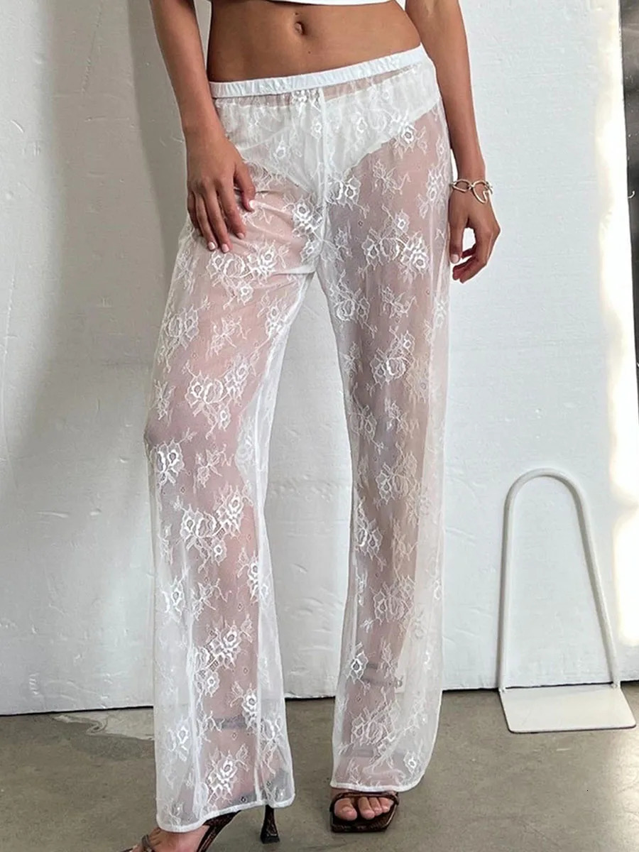Womens Lace Pants Flower See Through Elastic Waist Straight Leg Long Trousers Casual for Beach Club 250306