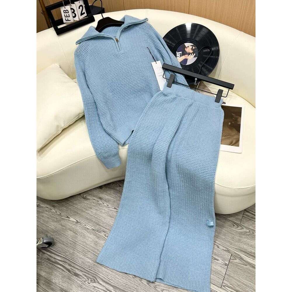 New Waffle Knitted Loose Casual Lazy Style Top, Floor Pants, Drop Feeling Two Piece Set, Soft