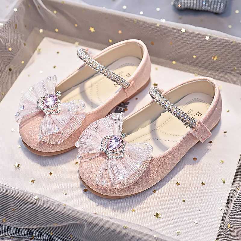 Girls Mary Jane Shoes with Bow-knot Fashion Kids Pearls Crown Princess Shoes for Party Wedding Children Leather ShoesT250306