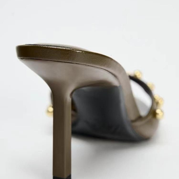 ZA Shoes 2024 Summer New Style Waste Earth Wind Rivet Army Green One Foot Stiletto High Heel Sandals Women's French