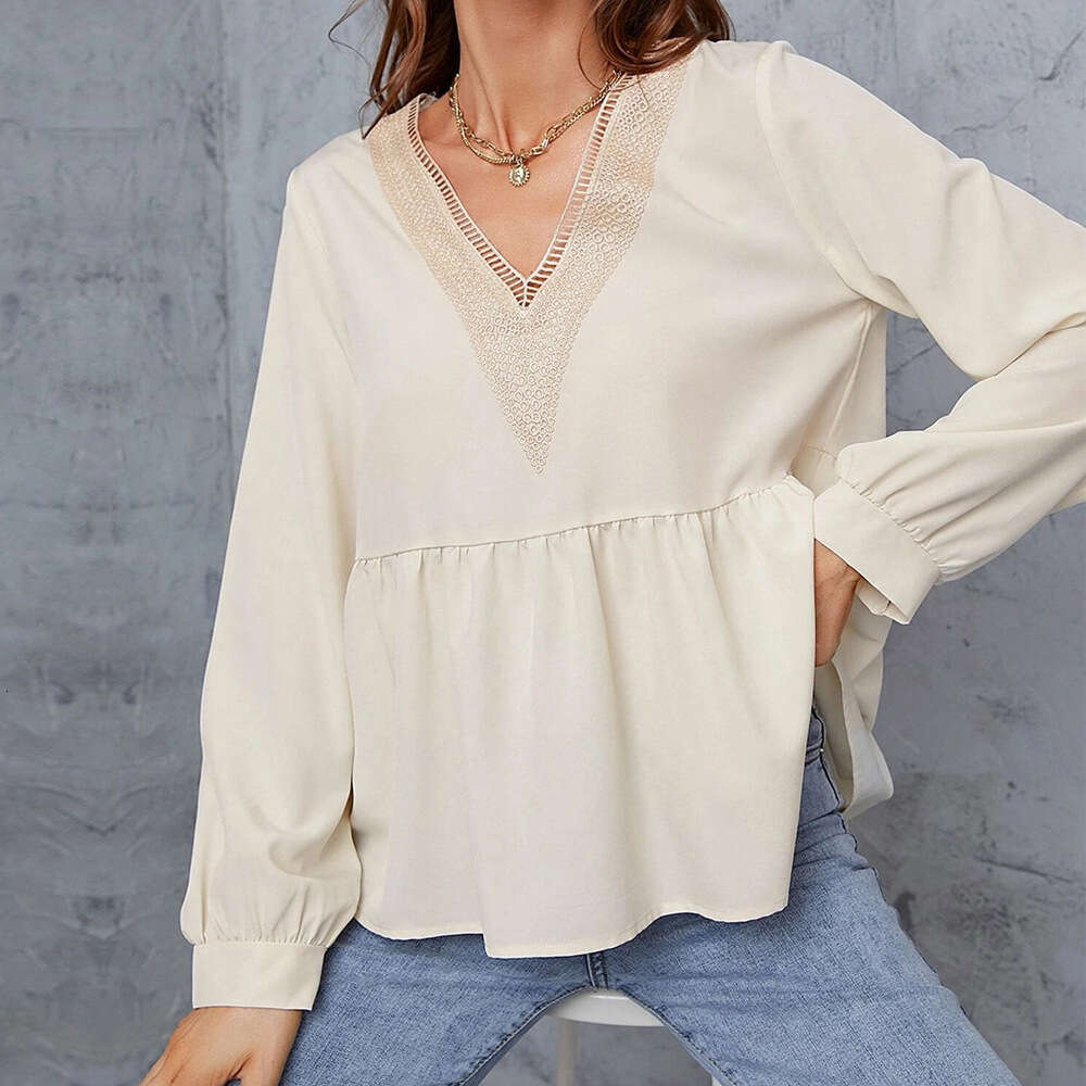 Spring/Summer Commuter Top Patchwork Lace V-Neck Loose Long Sleeve Women's Shirt KLMY