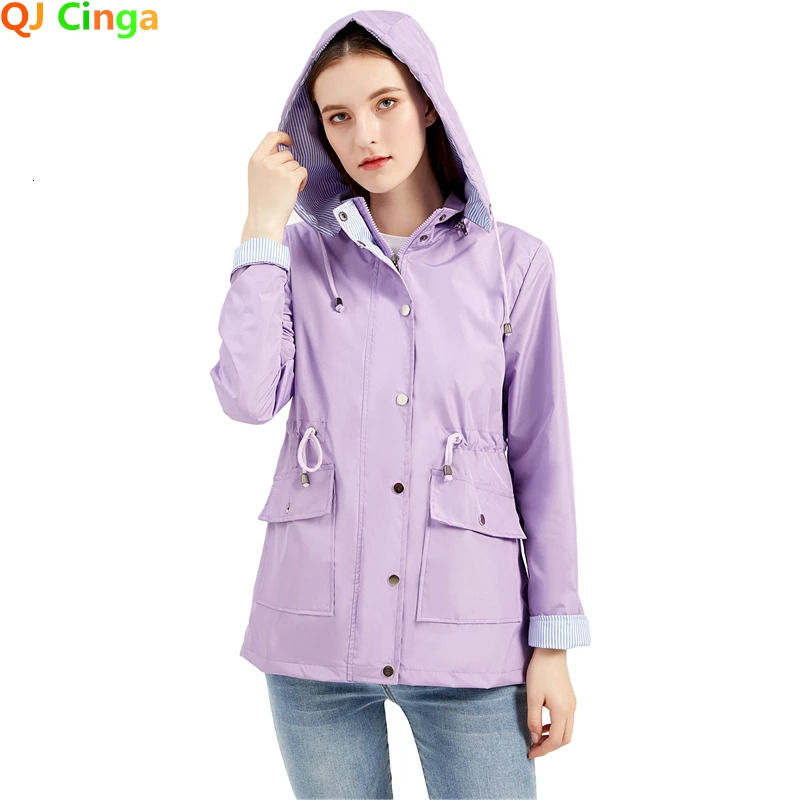 Purple Hooded Jacket for Spring Womens Office Fashion Women Outerwear Hat with Removable Waist Drawstring Water Proof 250306