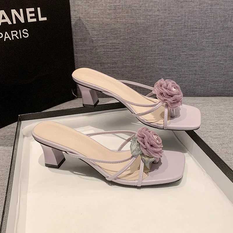 Aneikeh Summer Fi Lace Flower Square Toe Wens Slippers High Heel Sandals Beac Zapatos Wedding Shoes Bride Y250306