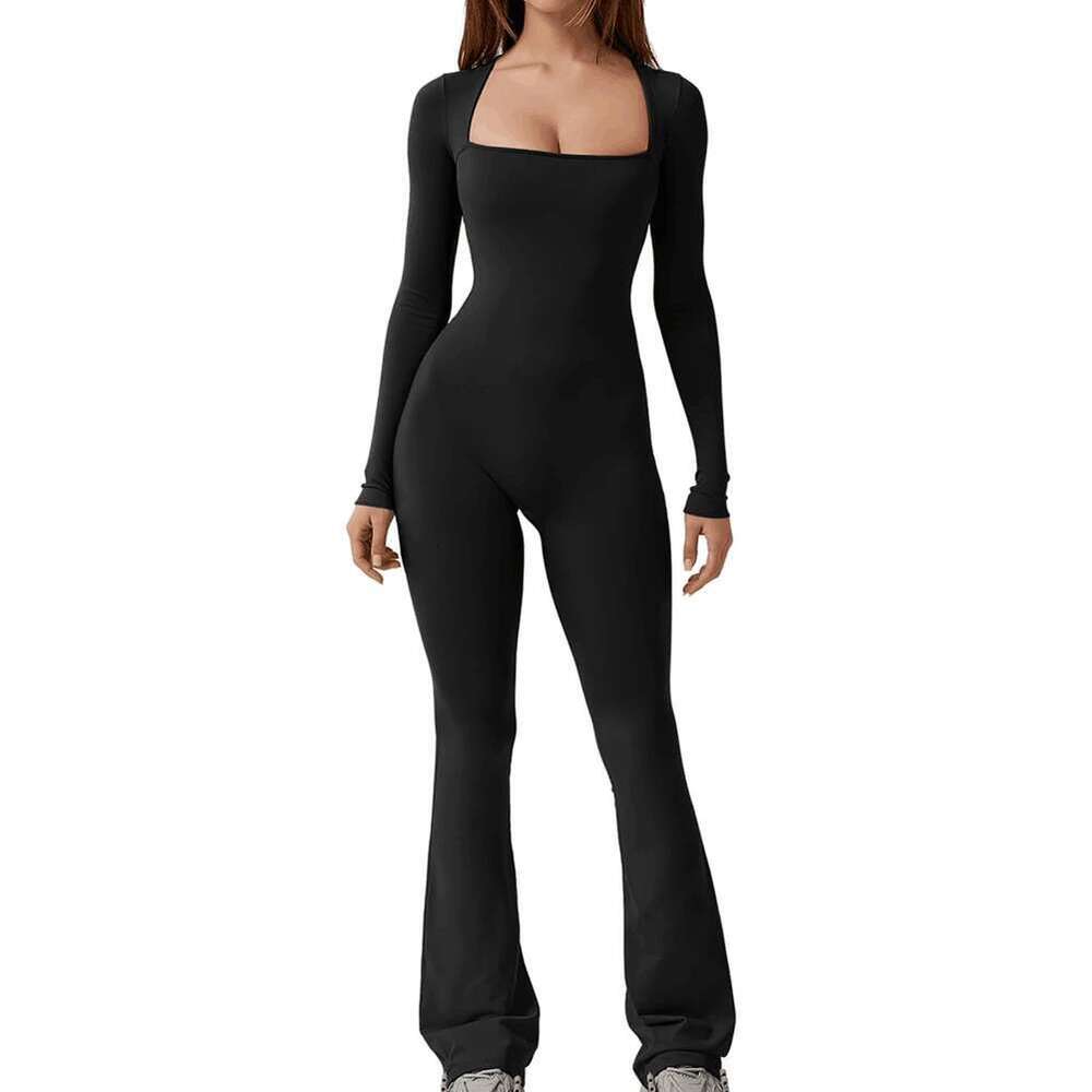 New Women Autumn Long Sleeved Square Neck Slim Fit Flared Bodycon Pants Romper Playsuit Elegant Simple Women's Jumpsuit KLMY