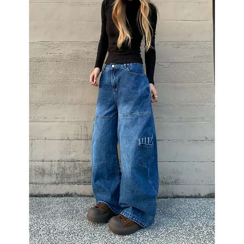 Blue Jeans Women Y2k American Hip Hop Vintage 2000S High Waisted Jean Straight Streetwear Casual Loose Wide Leg Denim Pants