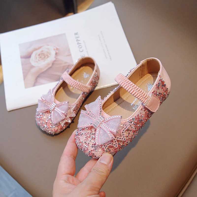 Girls Princess Shoes Pink Beige Crystal Glimmer Kids Flat Shoes Autumn Luxury Party Beautiful Hook-loop 23-35 Children ShoesT250306