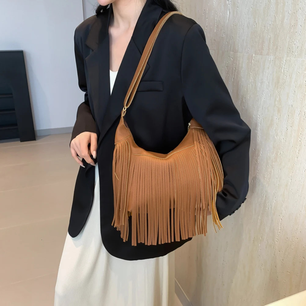 Fashion Women Fringe Hobo Bag Western Purse Messenger Shoulder Bag Pu Leather Tassel Y2K Hippie Crossbody Bag 250306