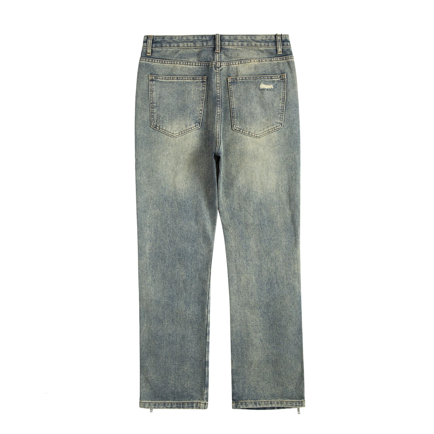 Streetwear Mens Blue Washed Jeans Relaxing Fit Side Zipper Buckle Cone Distressed Hole Denim Retro 250306wtt