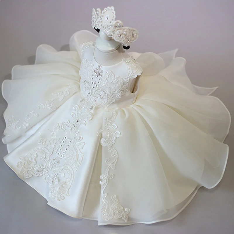 Baby Girl Christmas Baptism White Pink Dress Kids Beading 1st Birthday Elegant Princess Party Christening Toddler Vestidos 250305