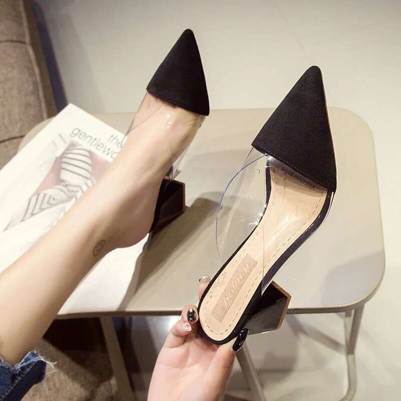 2025 Summer Slippers High Heel 7CM Solid PVC Shoes for Women Outside Wear Suede Slides atos Pointed Sandalias Mujer Verano