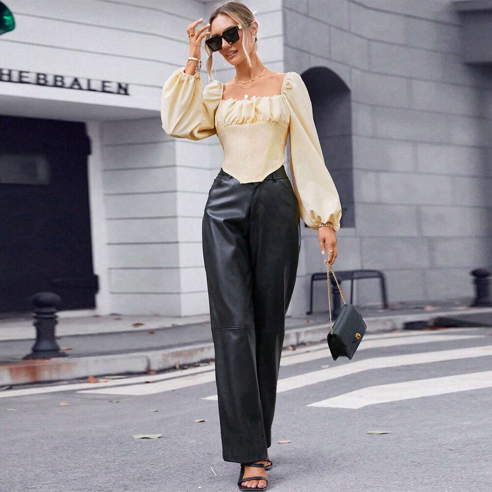 Autumn/Winter Women's Fashion Casual Sexy Square Neck Top With Bubble Sleeves Solid Color Shirt KLMY