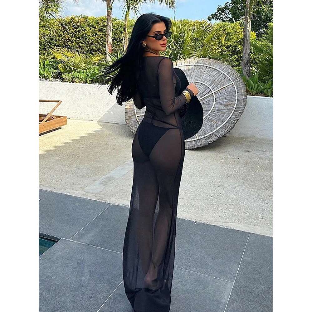 Sibybo Sexy See Through Gauze Close Fitting Dress Basics Solid Color Straight Shoulder Long Sleeve Robe Summer Lady Clothes KLMY