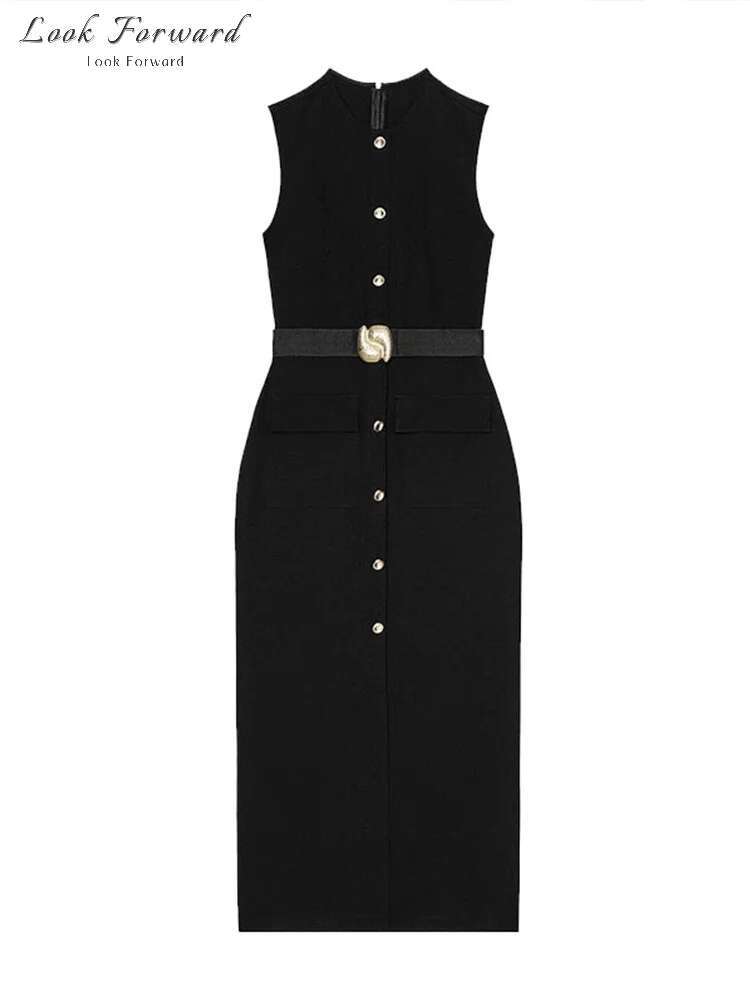 Elegant Midi Dress Woman O-Neck Single Breasted Sleeveless Pocket Dresses Female Front Slit Spring Summer Black Robe Lady Solid