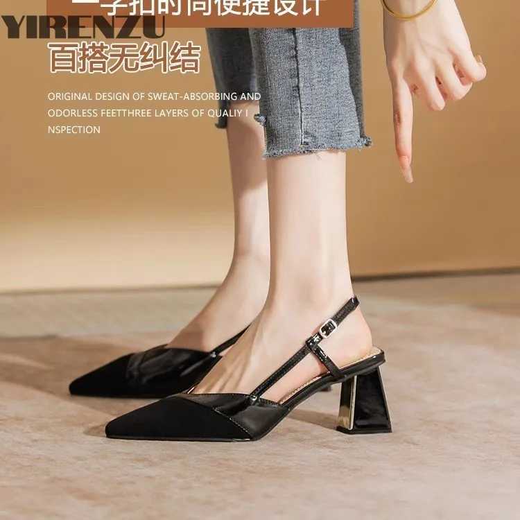 Sandals for Wan Pointed Toe Chunky Footwear Closed Thick Heel Summer 2025 Block High H Heeled Pumps Wens Shoes Korea Y250306
