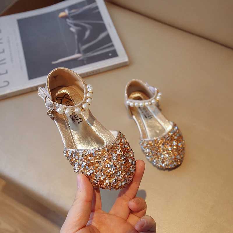 Girls Sprincess Shoes Sequins Pearl Gold Pink Summer Children Sandals Cover Toe 21-36 Toddler Fashion Party Dance Kids FlatsT250306