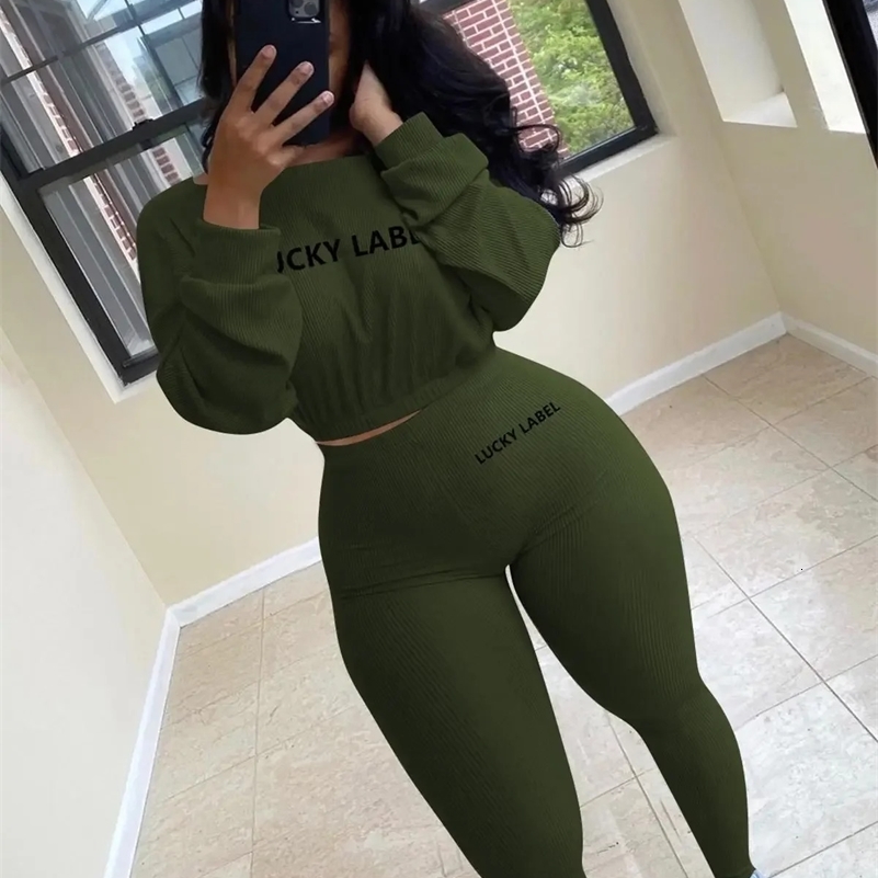 Fashion Summer Solid Lucky Label Letter Embroidery Two Piece Sets Women SweatshirtLeggings Casual Sporty Tracksuits Female 250305