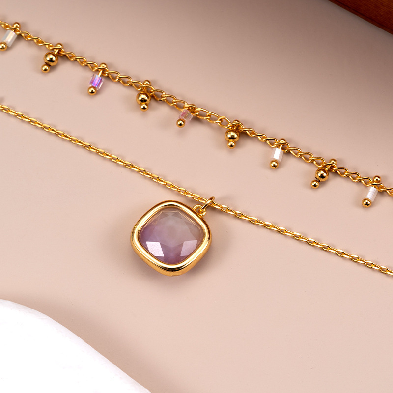 Japanese And Korean Simple Ins Square Amethyst Pendant Stack Wearing Collarbone Chain Female Niche Design Temperament Necklace Jewelry
