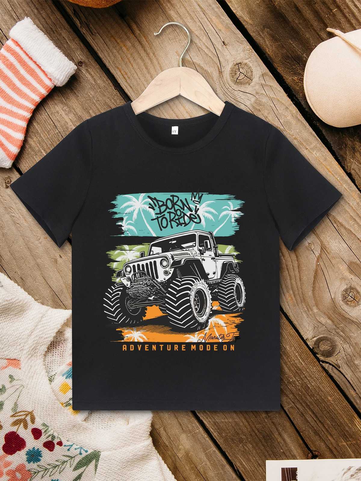 Monster Truck Hipster Boys Shirt Summer Outdoor Adventure Fashion Childrens Clothing Short Sleeve Black Tops Street Casual TeesT250306