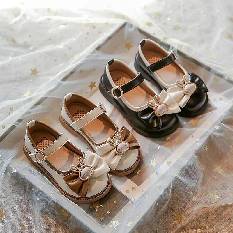 Black Leather Shoes Simple Non-slip Soft Soled Kids Princess Flats Autumn Children Fashion Loafers Cute Cartoon BowT250306