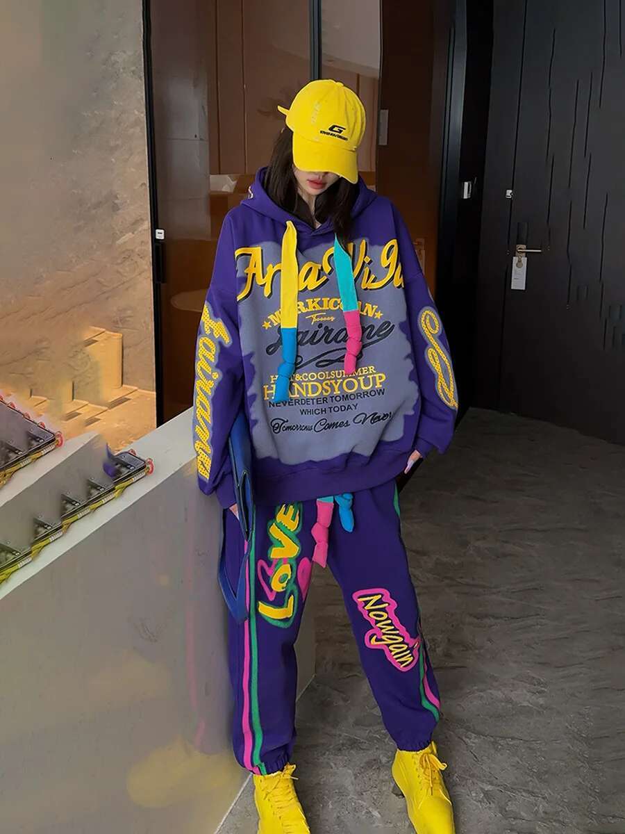 Spring Fashion Casual Sports Suit Graffiti Letters Hooded Sweatshirt Women Slim Loose Sweatpants Complete Set