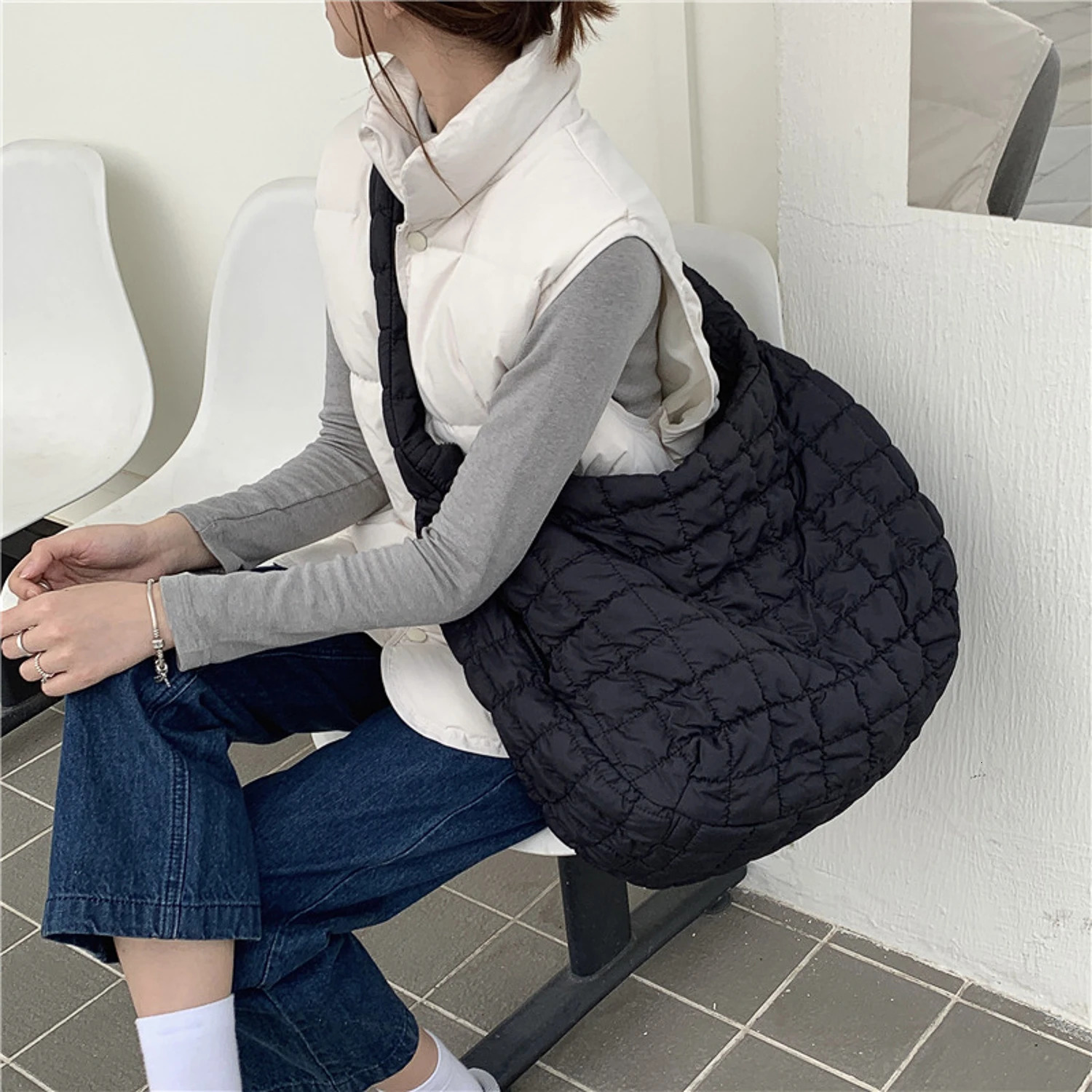 Casual Ruched Hobos Women Shoulder BagsQuilted Padded Crossbody Bag Large CapacityNylon Puffer Tote Bag Big Shopper Purses 250306