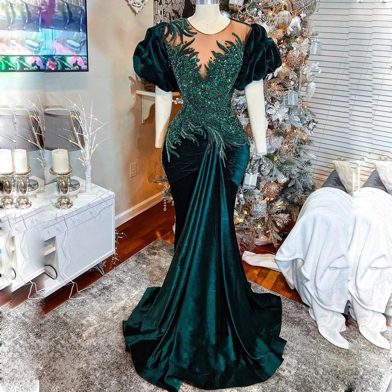 Dark Green Velvet Mermaid Prom Dresses Beaded Aso Ebi Arabic African Pageant Dress 2025 Puff Short Sleeves Long Evening Gown