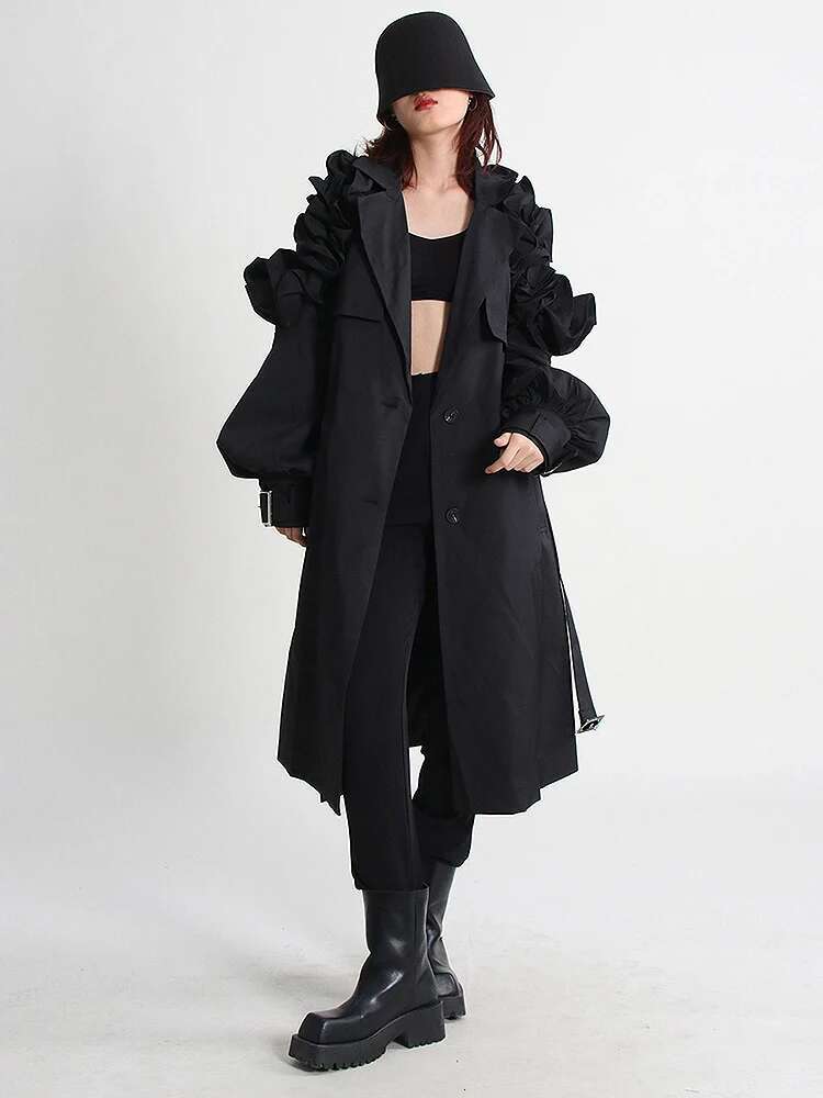 Plusizeshe Spring Autumn Long Elegant Chic Ruffled Khaki Trench Coat For Women Belt Single Breasted Designer Clothes 2024