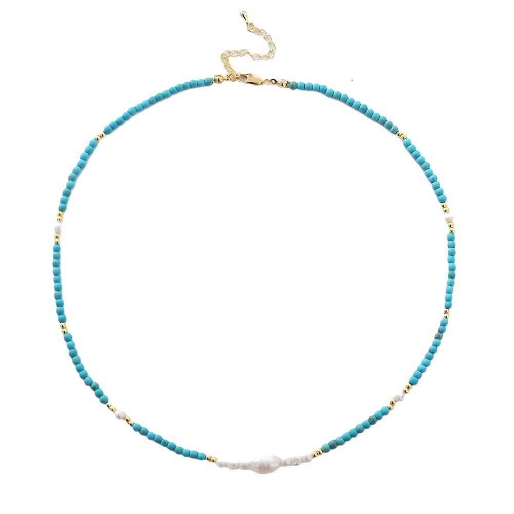 Ins Retro Turquoise Fresh Water Pearl Beaded Necklace Women's Fashion High Sense Simple Choker Collarbone Chain Jewelry