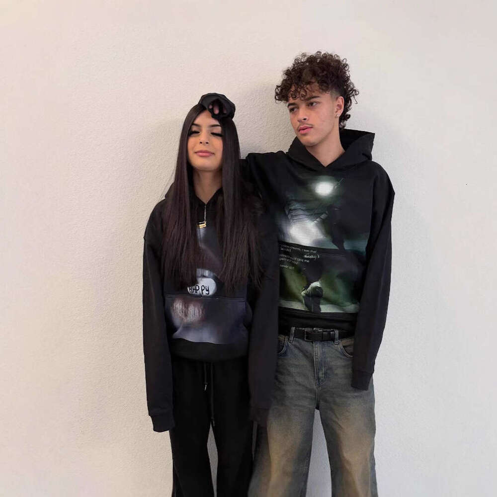 2025 American New Fashion Street Couple Style Trendy Black Hoodie Printed Design Unique Personality