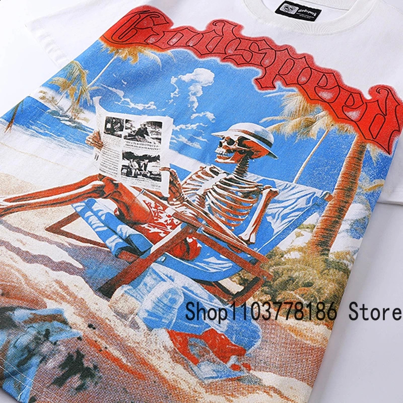Classic White GOD SPEED T Shirts Letter Seaside Holiday Scenery Print Godspeed Short Sleeve Unisex Tees Tops 250305