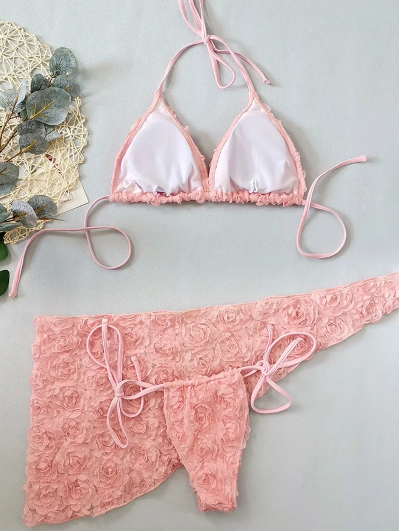 Womens Sexy 3 Piece Bikini Set 3D Flower Beach Skirt Swimsuit Pure Pink Triangle Halter Backless Thong Swimwear Summer 250306