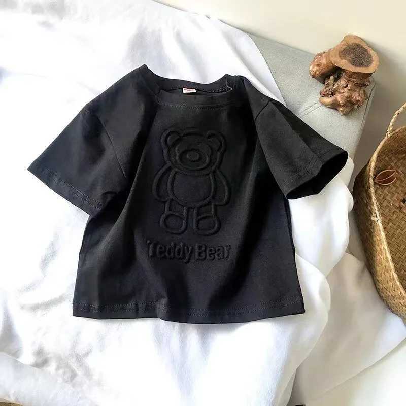 Cute Bear Printed Tops Boys Girls Summer New Clothing TShirt Solid Color Tops Children ThinCasual Loose Crew Neck Pullover ShirtT250306