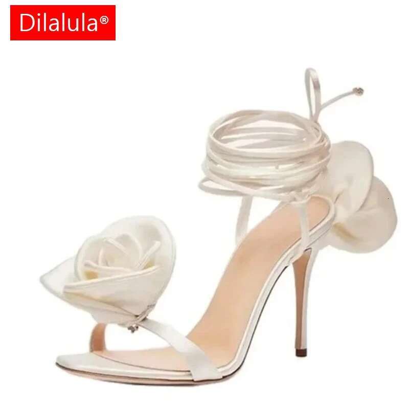 Dilalula 2025 New Silk Rose Decoration Ankle Wrap Thin High Heels Women Party Ladies Wedding Banquet Summer Sandals