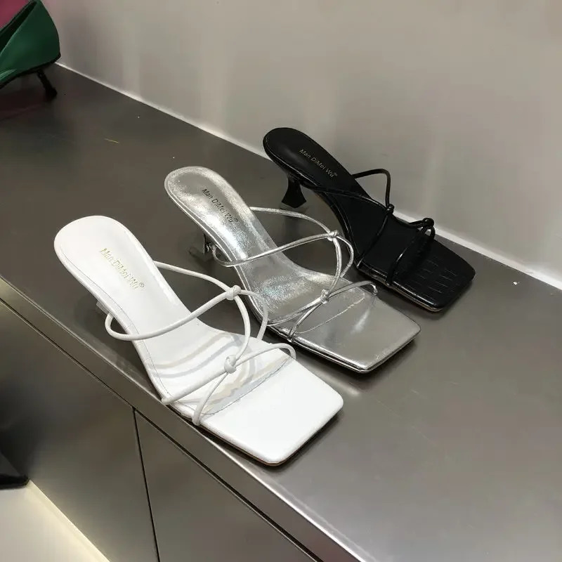 Korean Summer Women Thin Heels Sandals Ins Squared Toe Thin Bandeau Med Heels Slippers Sexy Gold Silver Black Shoes 250306