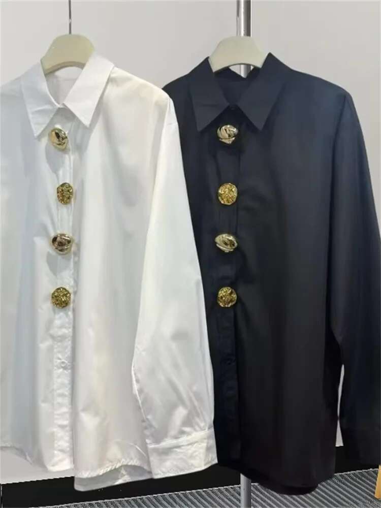 Fashion Shirts Casual Vintage Long Sleeve Blouses Solid Loose Single Breasted Polo Neck 2025 New Spring Summer Women Shirt