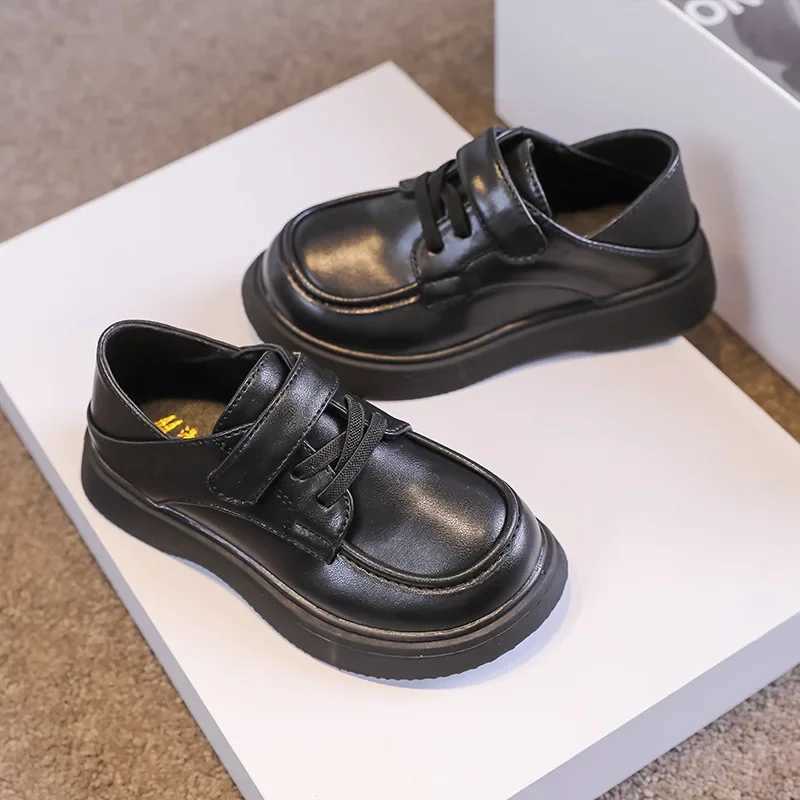 Children Little PU Black Shoes 2024 Spring New Britain Style Retro Loafers Japanese Lace-up School Shoes for Girls and Boys FlatT250306