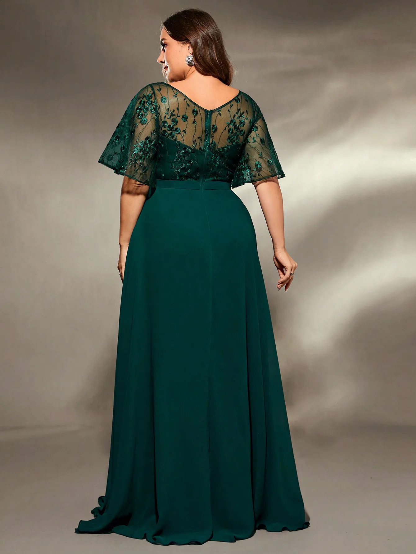 Mgiacy plus size Vneck Seethrough trumpet sleeve embroidered chiffon full skirt Evening gown Ball dress Party 250526