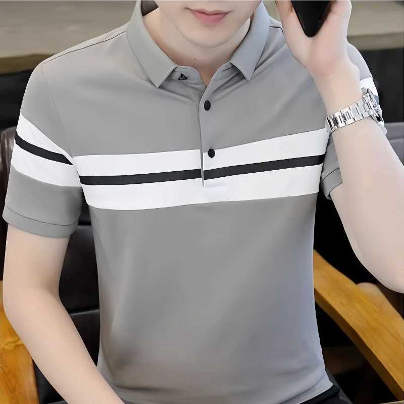 Summer Mens Lapel Short Sleeve T-shirt Handsome Slim Fit Casual Pullover Top Fashion Half Sleeve Color Matching Polo Shirt X250306
