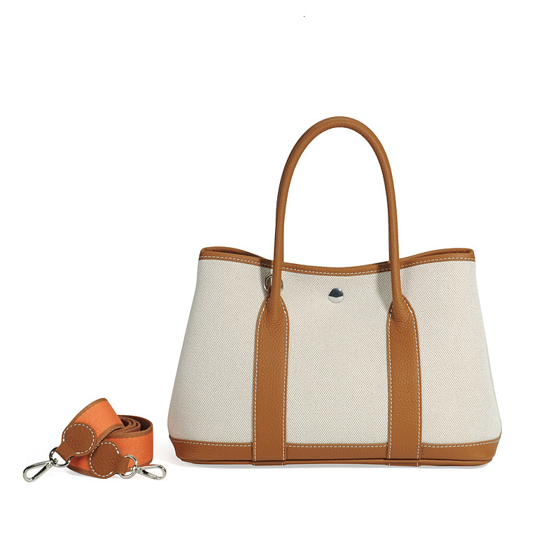 Large Capacity Garden Canvas Splicing, Contrasting Leather, Top Layer Cowhide, Hand-Held Single Shoulder Shopping Bag, Bucket Tote Bag