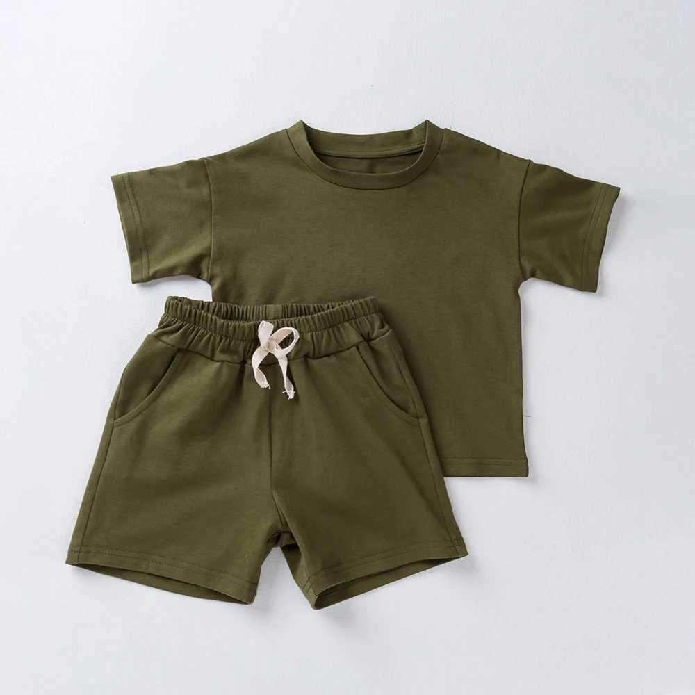 2024 Summer Kids Solid Clothes Sets Short Sleeve + Elastic Waist Shorts Cotton Outfits Toddler Girls Boys TracksuitsT250306