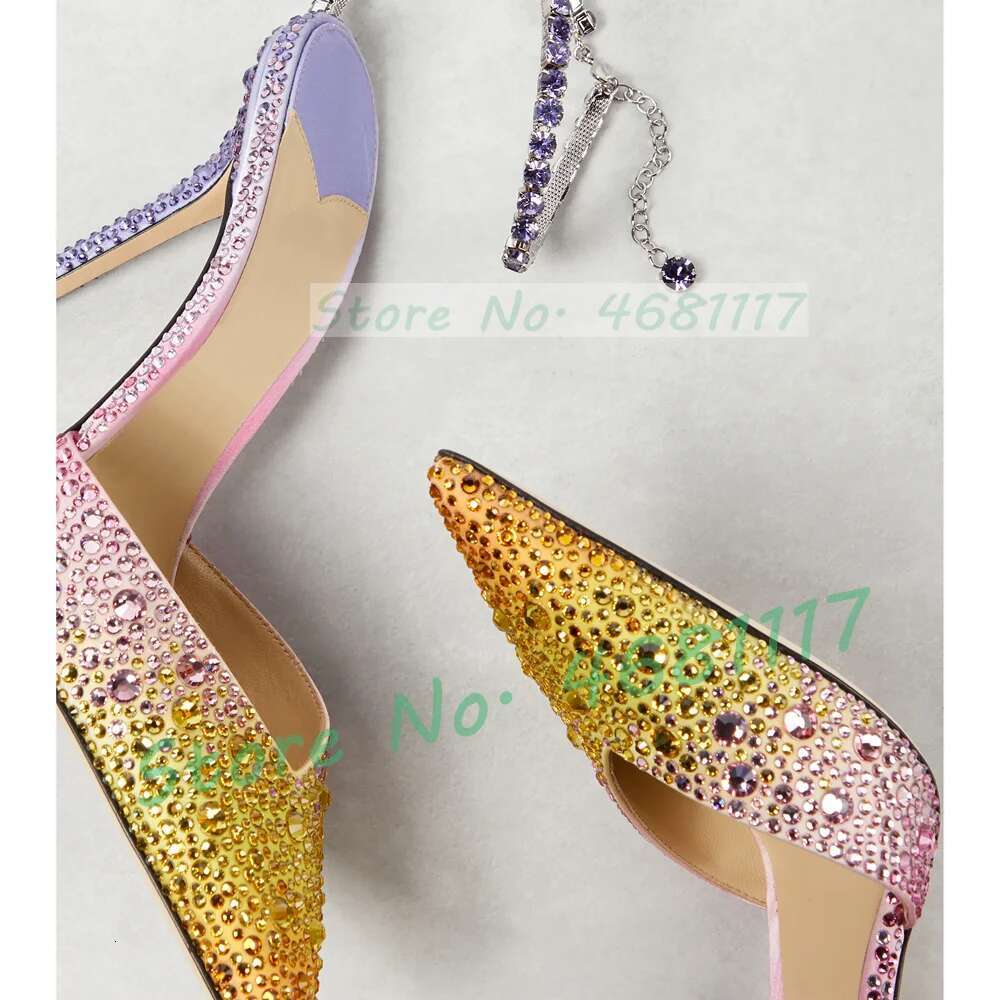 Shiny Gradient Crystal Pointed Toe Satin Sandals Women Wedding Colored High Heels Bg Ankle Strap Evening Dress Shoes