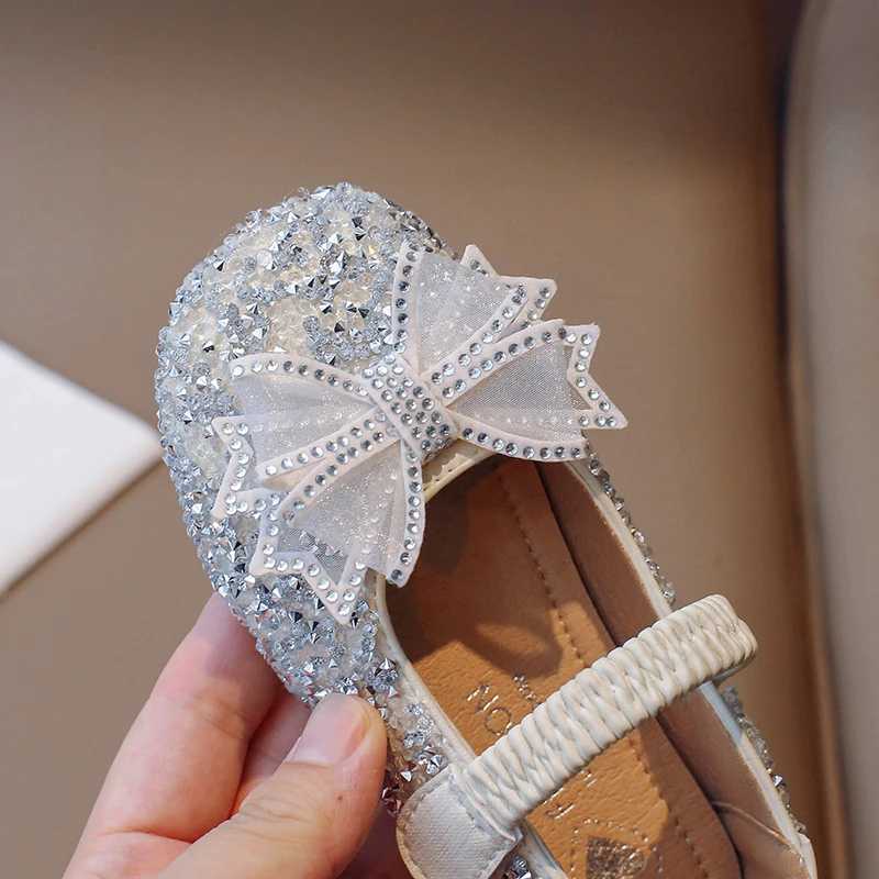 Girls Princess Shoes Pink Beige Crystal Glimmer Kids Flat Shoes Autumn Luxury Party Beautiful Hook-loop 23-35 Children ShoesT250306