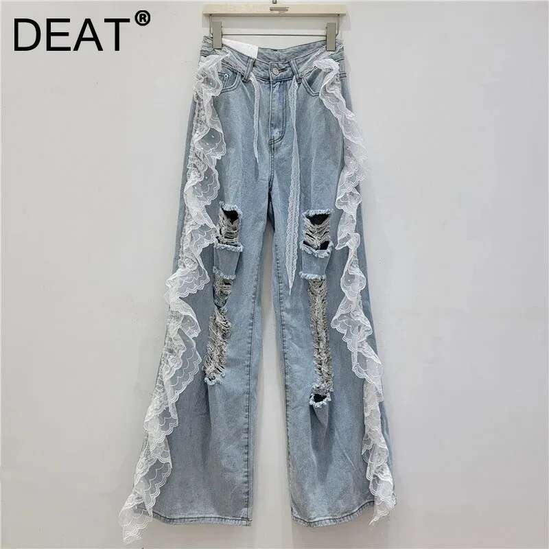 DEAT Women's Fashion Straight Broken Holes Denim Pants Spring New Female Long Wide Leg Lace Wer Edge Jeans Trendy 11A03111