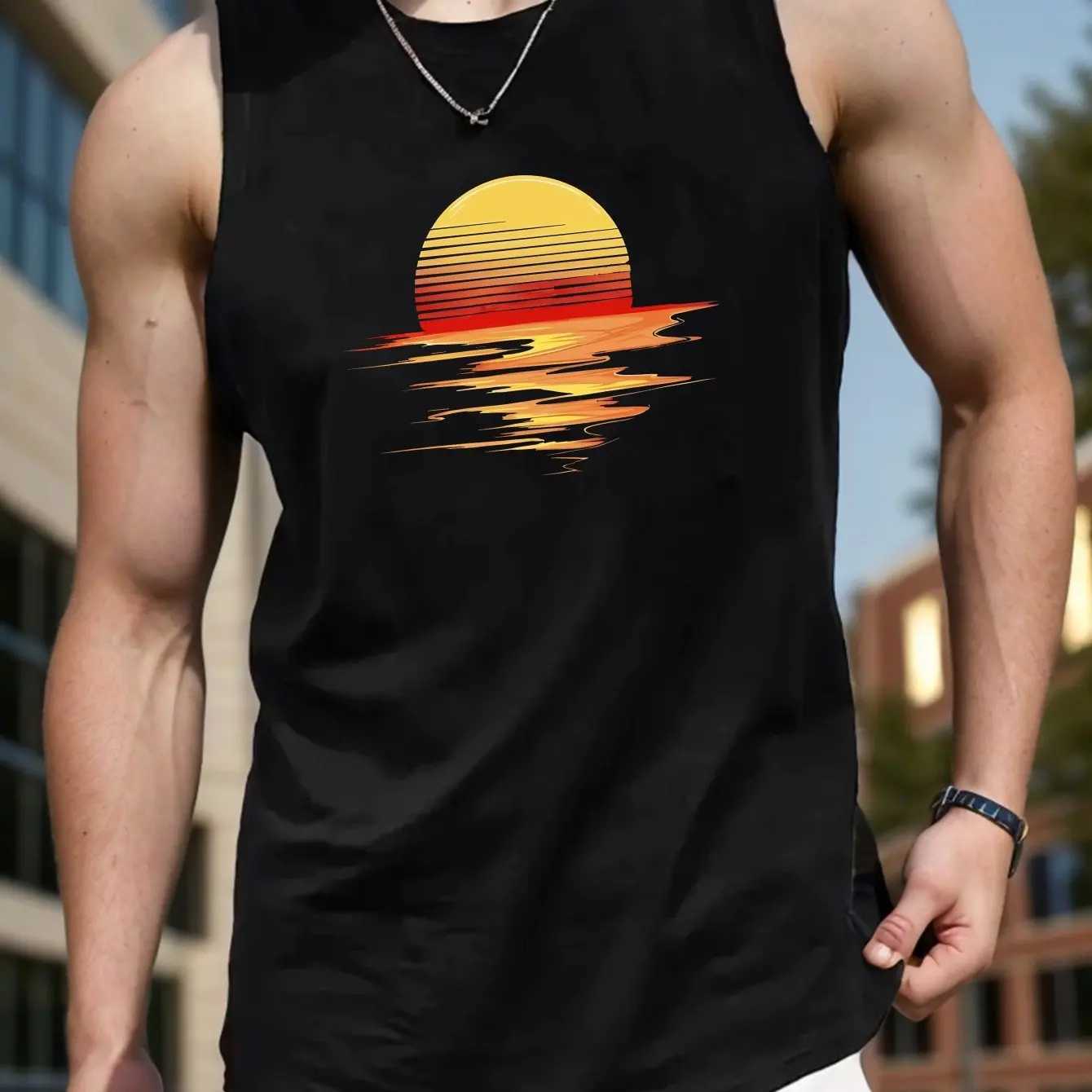 Summer New Mens Vest T-shirt Sun Sunset Print Round Neck Vest Daily Fitness Sports Comfortable And Breathable Daily Mens VestT250318
