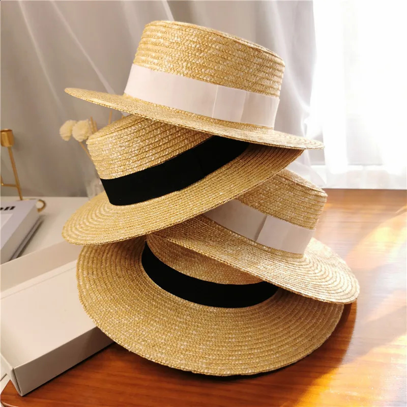 Summer Female Natural Stiff Wheat Straw Boater Fedora Top Flat Hat Women Beach Brim Cap RAFFIA Sun Hat for Women Jazz Panama 250303