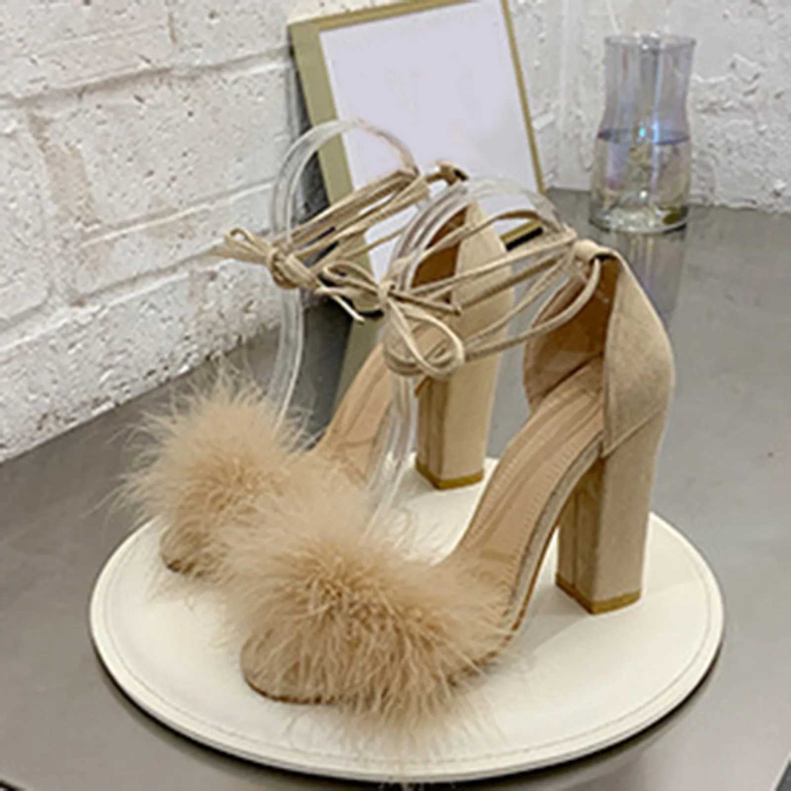 Heel Ran Shoes Thick Heel Super Feathers High Sandals Summer 2024 Ankle Straps Suede Sandals Elegant Heeled Shoes Sandals Y250306