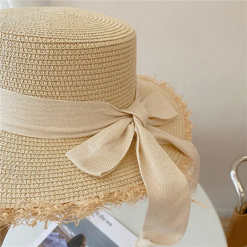 Beach HatJapanese Everything Hairy Edge Straw Hat Female Summer Flat Top Outing Sun Hat Small Fresh Bow Sun Shade Beach Hat 250303
