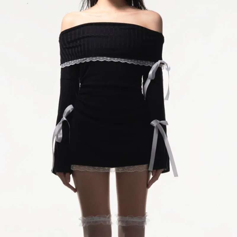 Strapless Sexy Black Dress Women Autumn Off Shoulder Long Sleeves Lace Knitting Bandage Mini Dresses Slim Elegant Club Partywear KLMY