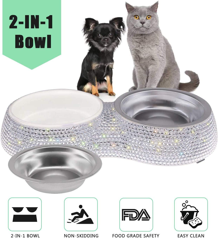 Small Cat Bowls, Handmade Bling Rhinestones Stainless Steel Pet Bowls Double Food Water Feeder for Puppy Cats Dogs Cats 320ML
